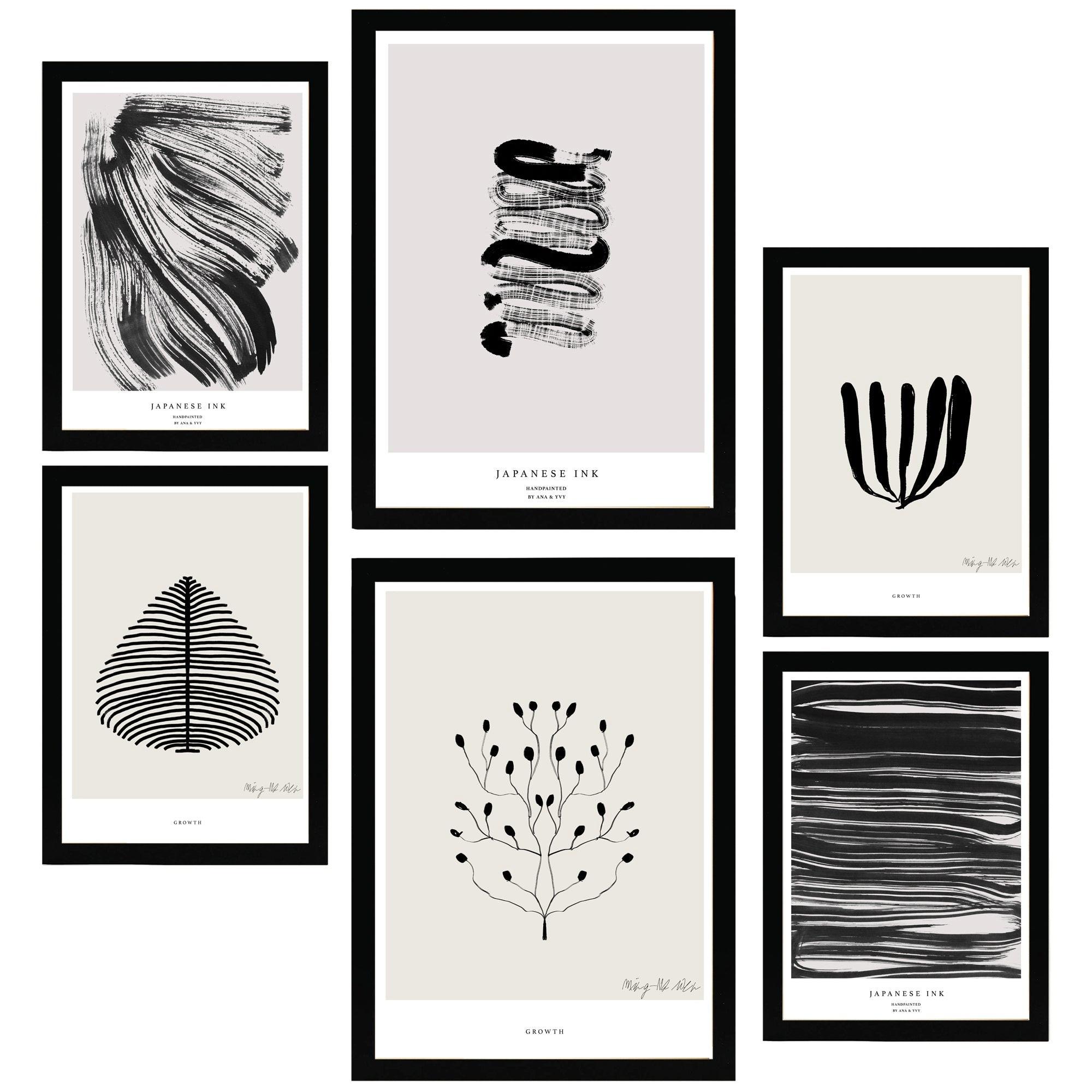POSTER Set Mit 6 Abstrakte Kunst In Schwarzweiß Pinselstriche A3 & A4 Schwarzer Rahmen - Schwarz, Papier (29/3cm) - Nacnic