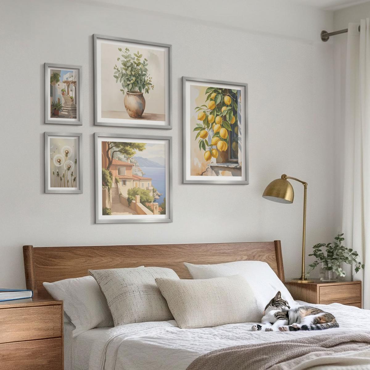 BILDER SET 5er Set - 50x50 cm & 20x30 cm & 40x60 cm Silberner Rahmen - Lemon Streets Meerblick - Silberfarben, Kunststoff (40/60cm) - TULUP