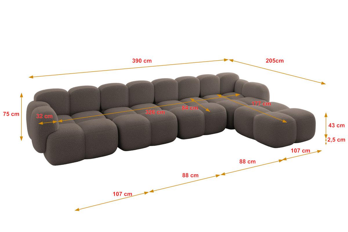 ECKSOFA modulares Sofa Rechts Miko-L3 390x205x75 Braun Bouclé - Dunkelbraun/Schwarz, Holzwerkstoff/Kunststoff (390/205cm) - ALTDECOR