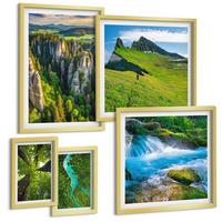 BILDER SET 5er Set - 50x50 cm & 20x30 cm & 40x60 cm Goldrahmen - Wasserfälle grüner Wald Wasser - Goldfarben, Kunststoff (40/60cm) - TULUP