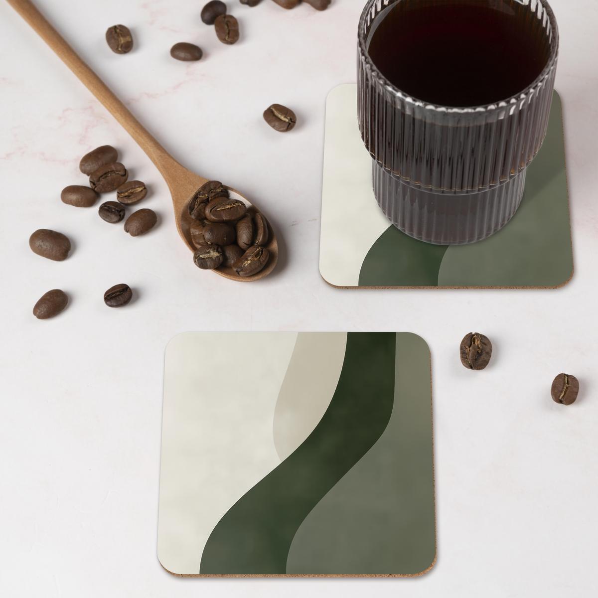 GLASUNTERSETZER 6er-Set Japandi - Grün - Abstrakt - Modern Tischuntersetzer 10x10 cm - Salbeigrün, Naturmaterialien (10/0.2cm) - MuchoWow
