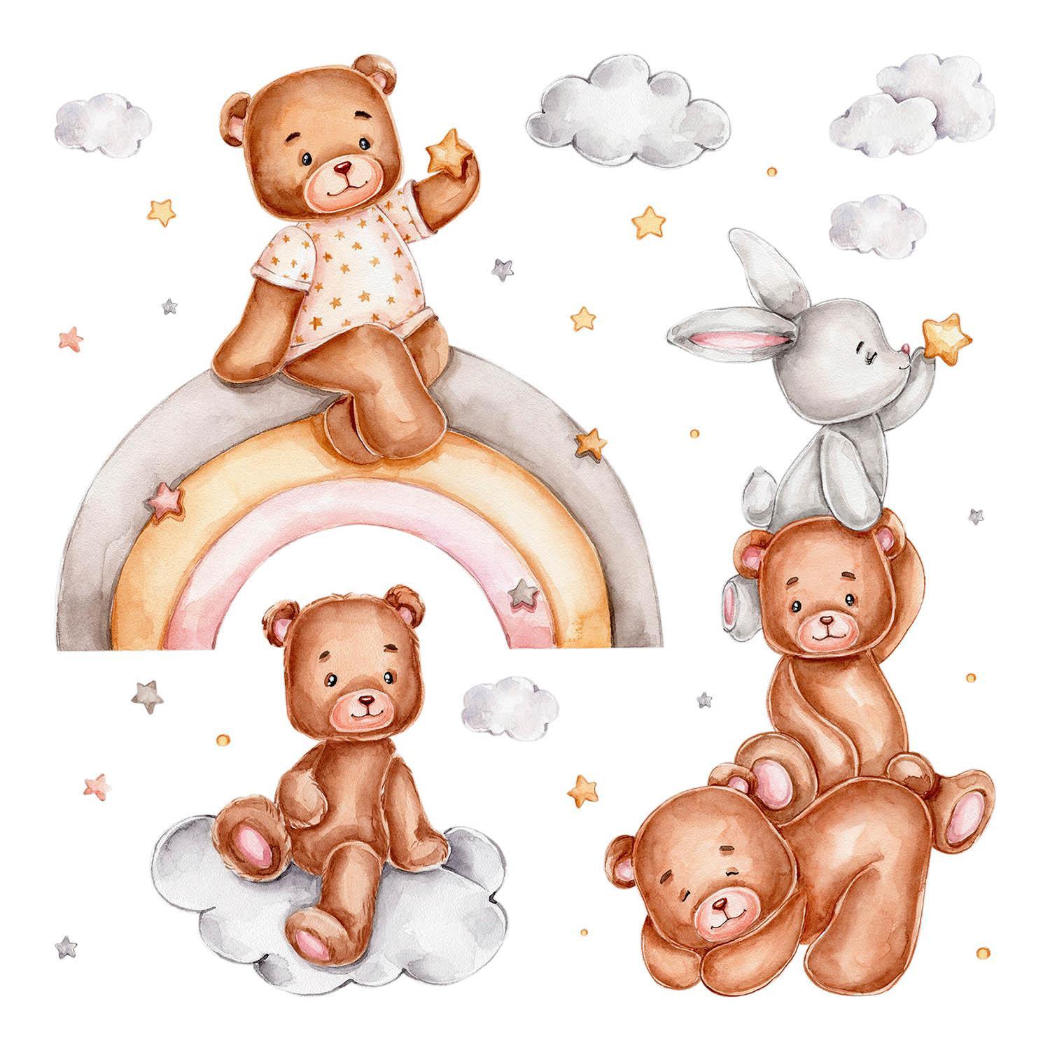 WANDAUFKLEBER 60x87cm - Teddybären und ein Kaninchen auf einem Regenbogen - Multicolor, Kunststoff (60/87/0.1cm) - Wallfluent