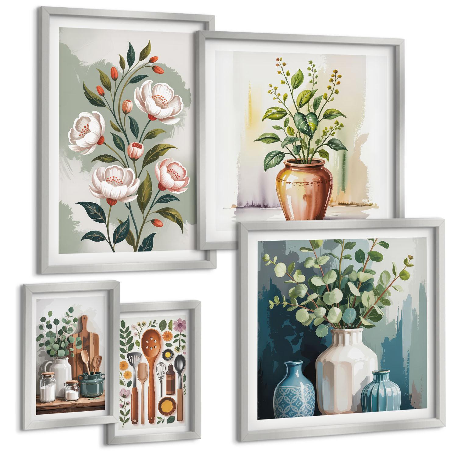BILDER SET 5er Set - 50x50 cm & 20x30 cm & 40x60 cm Silberner Rahmen - Blumen und Früchte in Vasen - Silberfarben, Kunststoff (40/60cm) - TULUP