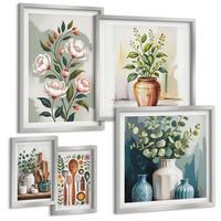 BILDER SET 5er Set - 50x50 cm & 20x30 cm & 40x60 cm Silberner Rahmen - Blumen und Früchte in Vasen - Silberfarben, Kunststoff (40/60cm) - TULUP