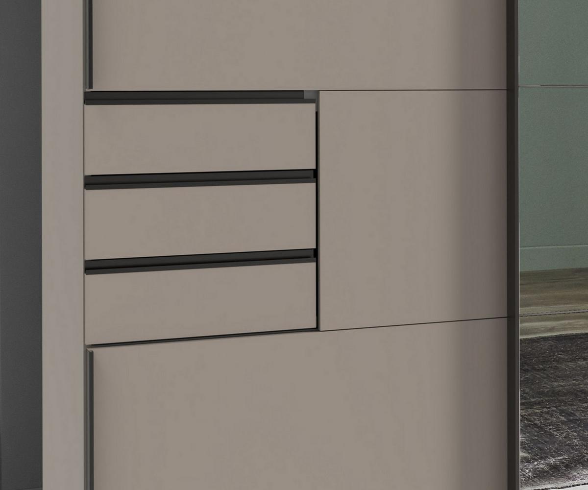 SCHWEBETÜRENSCHRANK 3-türig B270/H208/64 cm, Sandgrau, eine Spiegeltür, Kleiderschrank mit Schubladen & Vollausstattung / 22615 - Sandfarben/Anthrazit, Holzwerkstoff/Metall (270/208/64cm) - luma-home