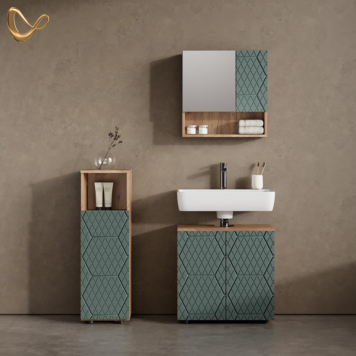 BADMÖBEL-SET Ronco Grün/Goldkraft Eiche 3 Teile - Honigeiche/Grün, Holzwerkstoff (60/59/30cm) - Livinity®