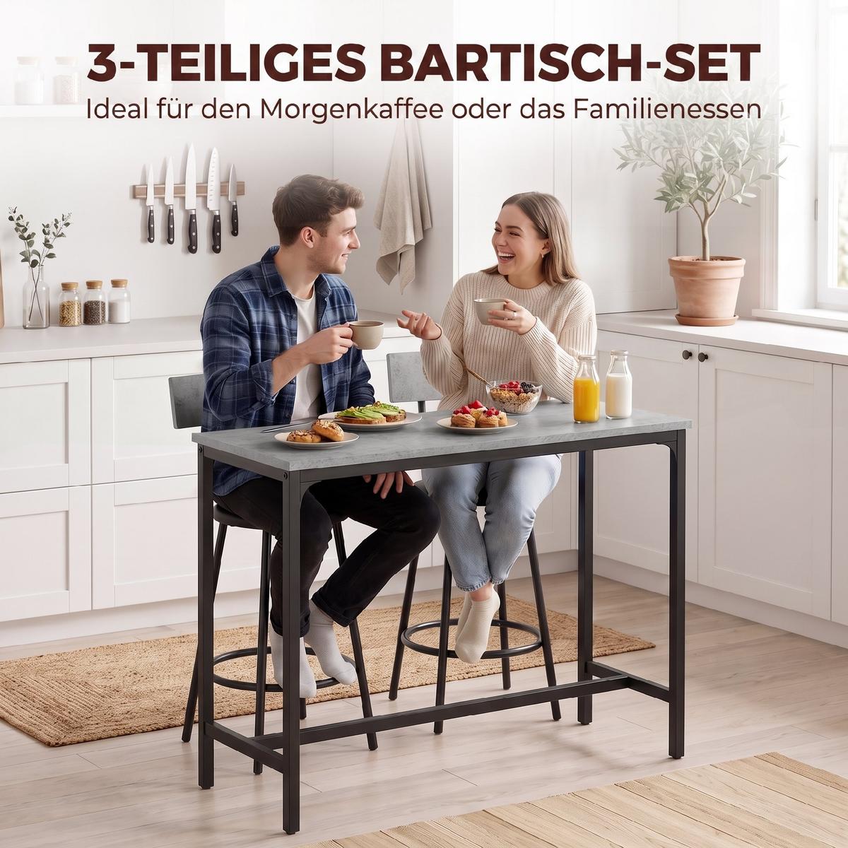 BARTISCH-MIT-BARHOCKER-SET 3er Set MDF Stahl Grau - Grau, Metall (40/90.5/100cm) - HOMCOM