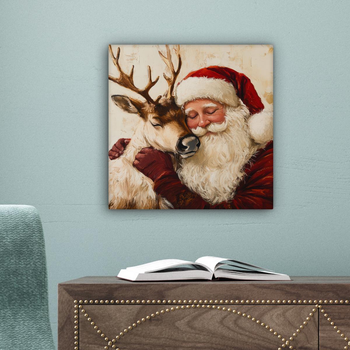 LEINWANDBILD Weihnachtsmann - Rentier - Weihnachten Deko Wohnzimmer 20x20 cm - Rotbraun, Textil (20/20cm) - MuchoWow