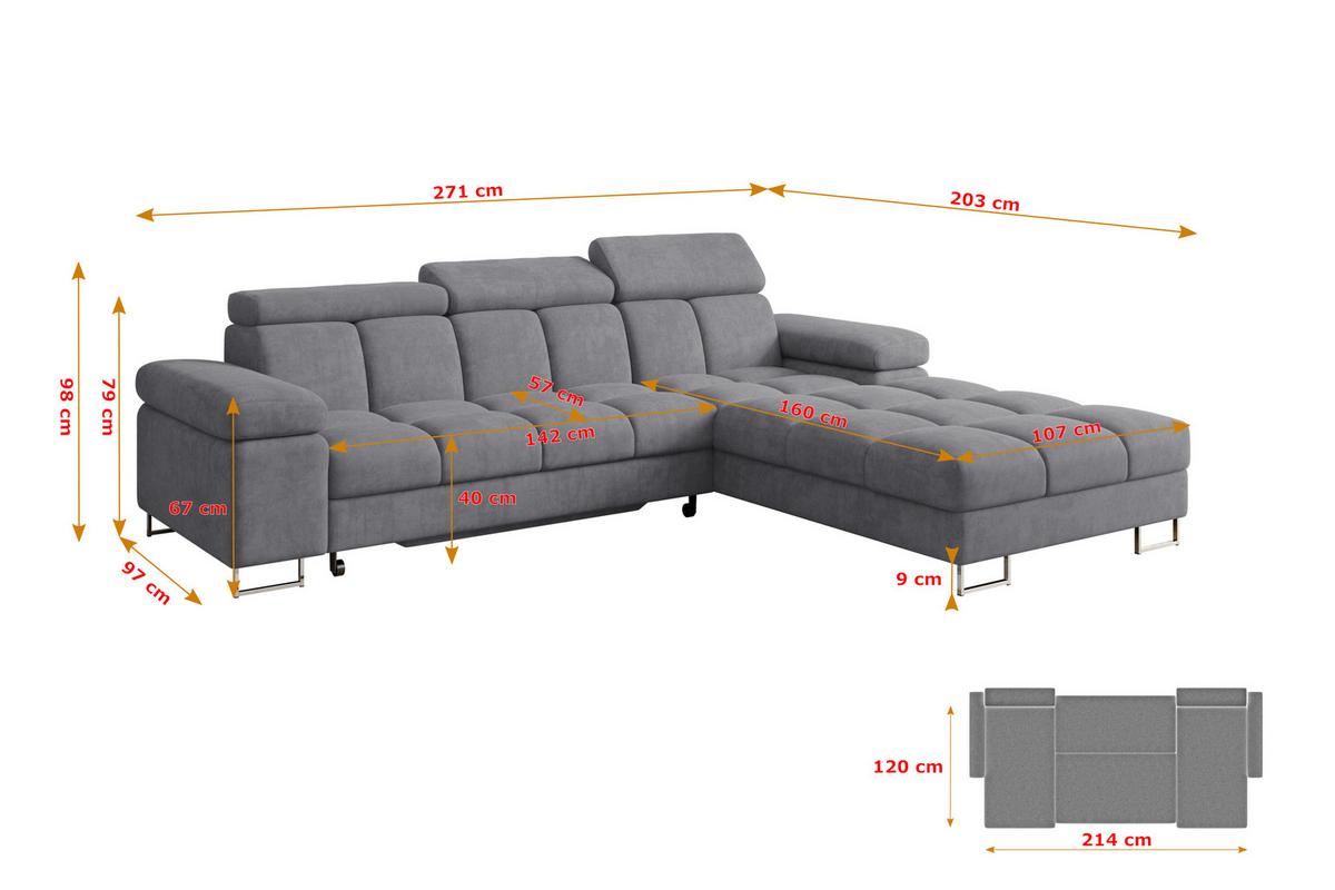 ECKSOFA mit Schlaffunktion Ottomane Rechts COMA L 271x203x79 Grau Velours - Grau, Holzwerkstoff/Textil (203/271cm) - ALTDECOR