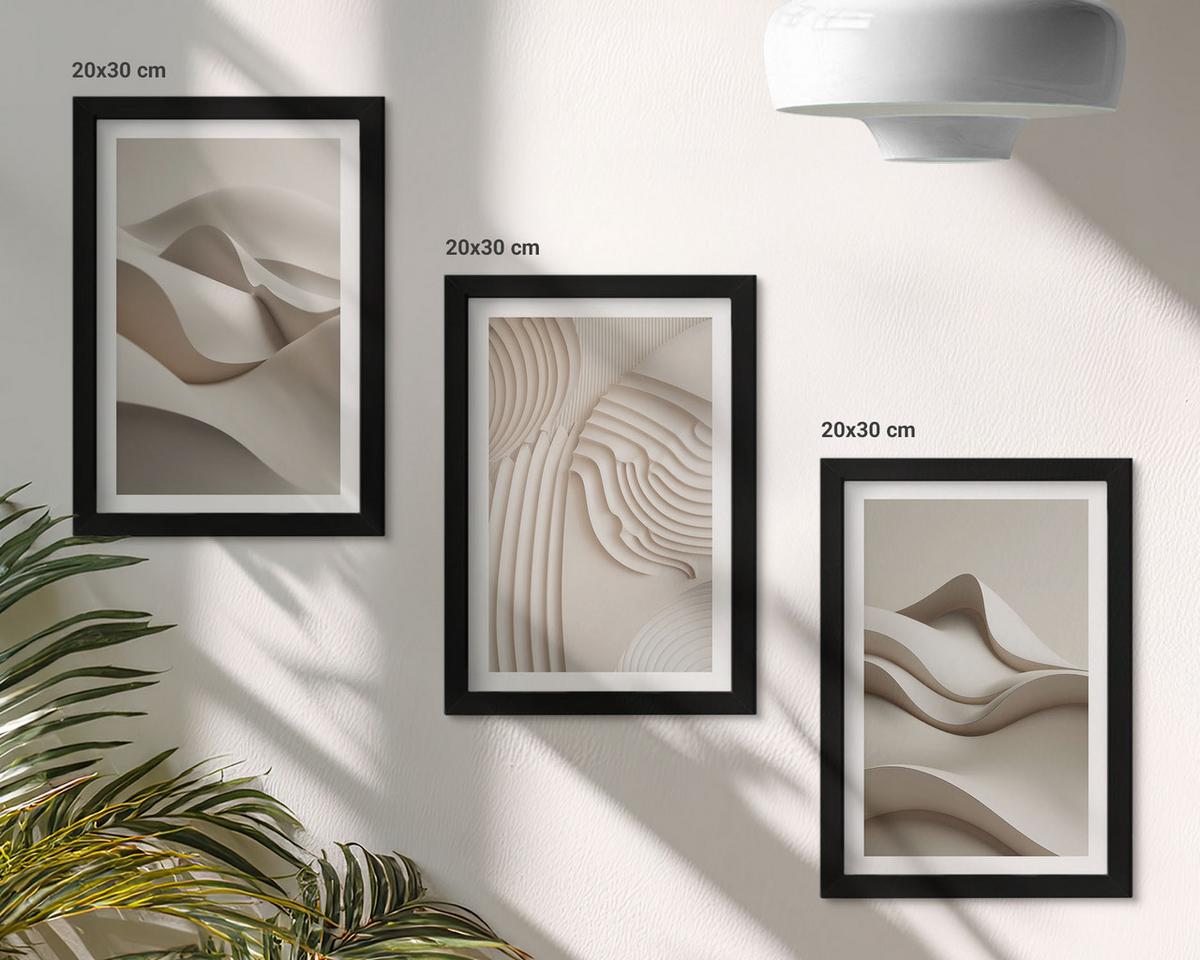 BILDER SET 3er Set - 20x30 cm Schwarzer Rahmen - Abstrakte beige Wellen - Schwarz, Kunststoff (20/30cm) - TULUP