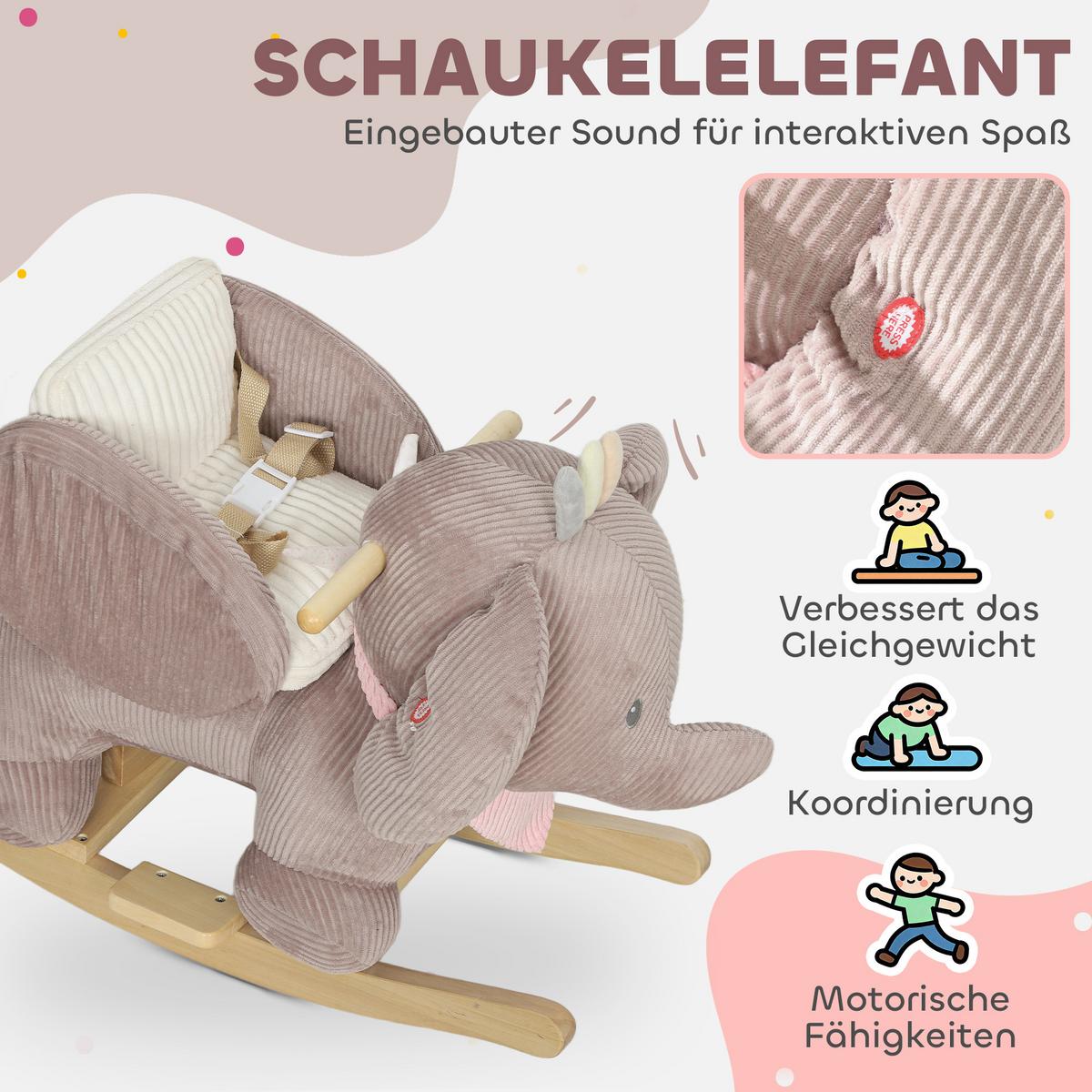 SCHAUKELTIER Elefant-Schaukel interaktive Tiergeräusche weiche Füllung Braun - Braun, Textil (32/49/65cm) - AIYAPLAY