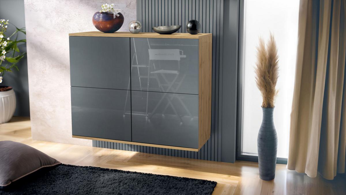 KOMMODE Rova Grau Hochglanz - Grau, Holzwerkstoff (92.5/73.5/35cm) - Vladon