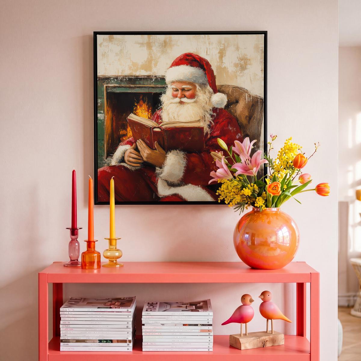 LEINWAND Bilder mit Rahmen - Weihnachten - Weihnachtsmann - Winter - Open Fireside - 50x50 - Dunkelrot, Textil (50/50cm) - MuchoWow