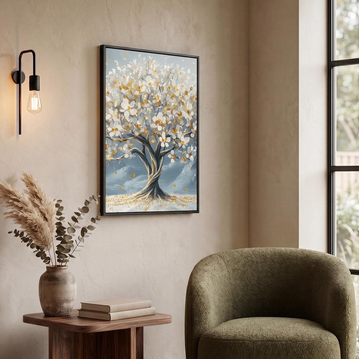 LEINWAND Bilder mit Rahmen - Baum - Winter - Baum des Lebens - Modern - Gold - 50x70 - Goldfarben, Textil (50/70cm) - MuchoWow