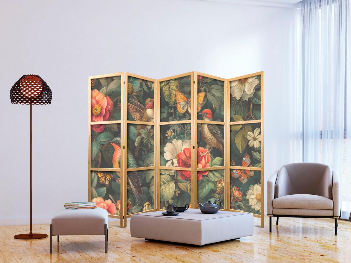 PARAVENT Japanischer 5-tlg 225x172 cm Blumen und V gel - Multicolor, Holz/Textil (225/172/3cm) - Muralo