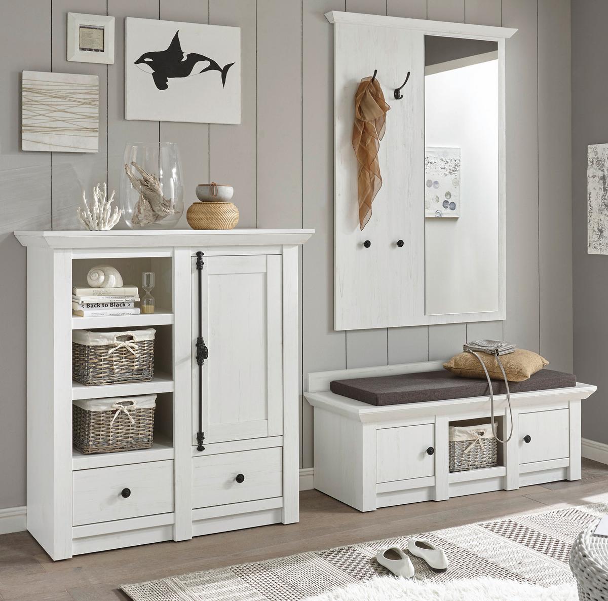 GARDEROBENPANEEL Pinie weiß 105 cm, Wandgarderobe mit Spiegel - Weiß, Holzwerkstoff/Metall (105/140/6cm) - Furn.Design