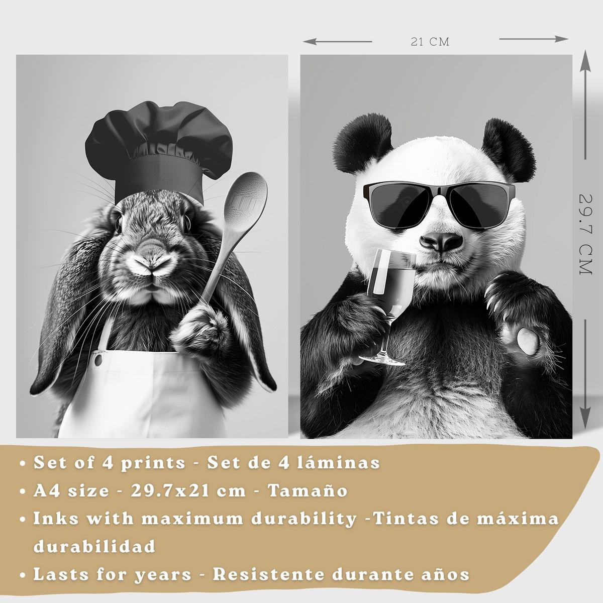 POSTER 4er Set Lustige Tiere Schwarz Weiß Wandbilder Hase Panda Golden Retriever Koch Küche Deko Leichter Holzrahmen A4 - Beige, Papier (29.7/1/21cm) - Nacnic