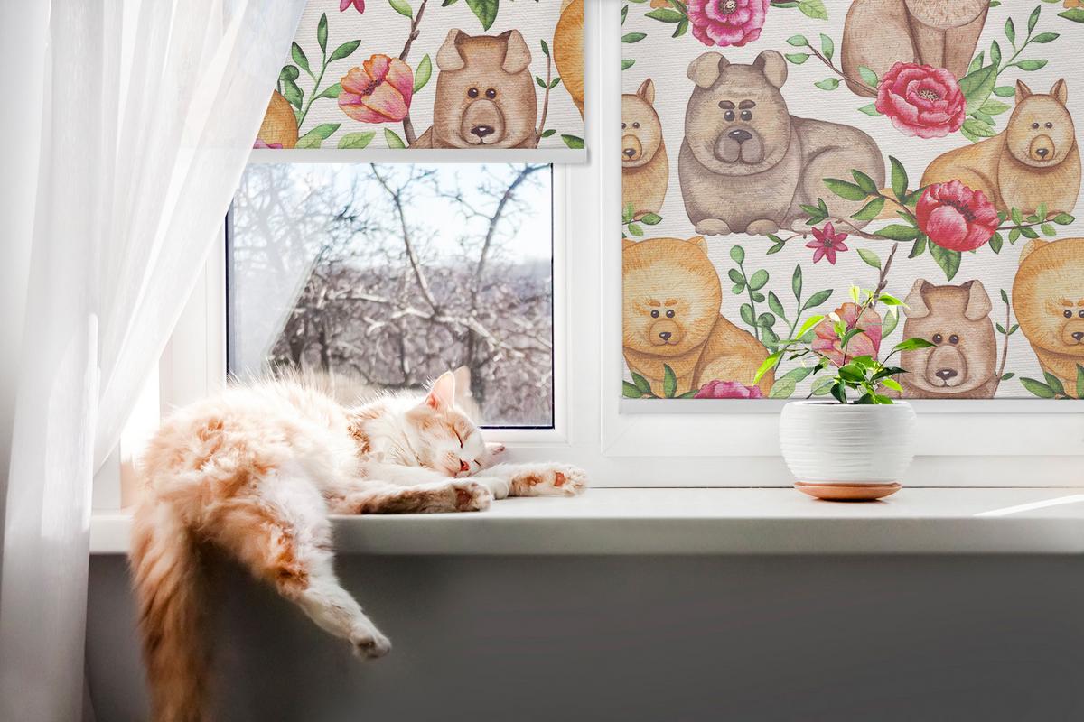 INNENROLLO - Fensterrollo - Rollo - 130x140 cm - Hunde zwischen den Blumen - Braun, Kunststoff (130/140/0.5cm) - TULUP