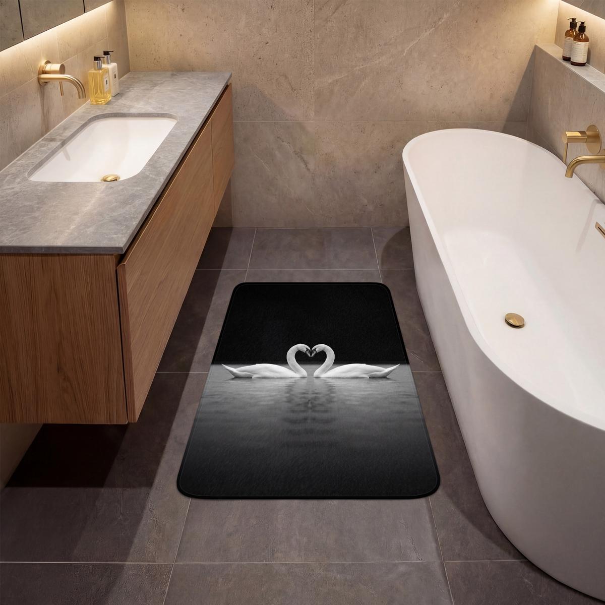BADEMATTE Schwäne - Herz - Schwarz - Weiß 60x90 cm - Schwarz, Textil (60/90cm) - OnlyWow