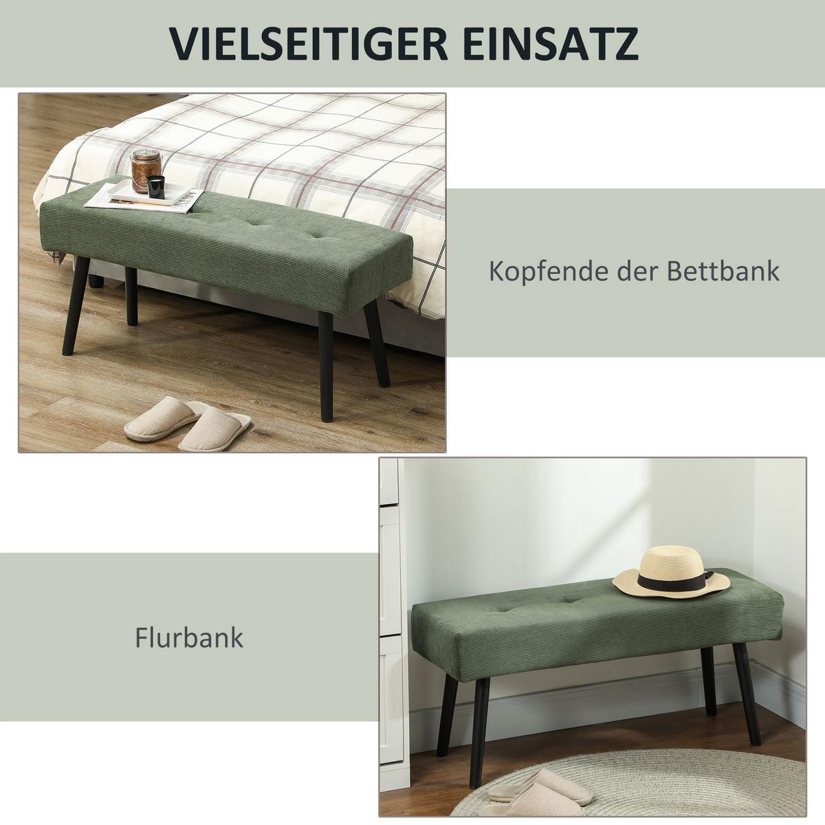 SITZBANK Polsterbank mit Cordbezug, Bettbank mit Metallbeine, Schuhbank Grün - Grün, Kunststoff (36/45/100cm) - HOMCOM