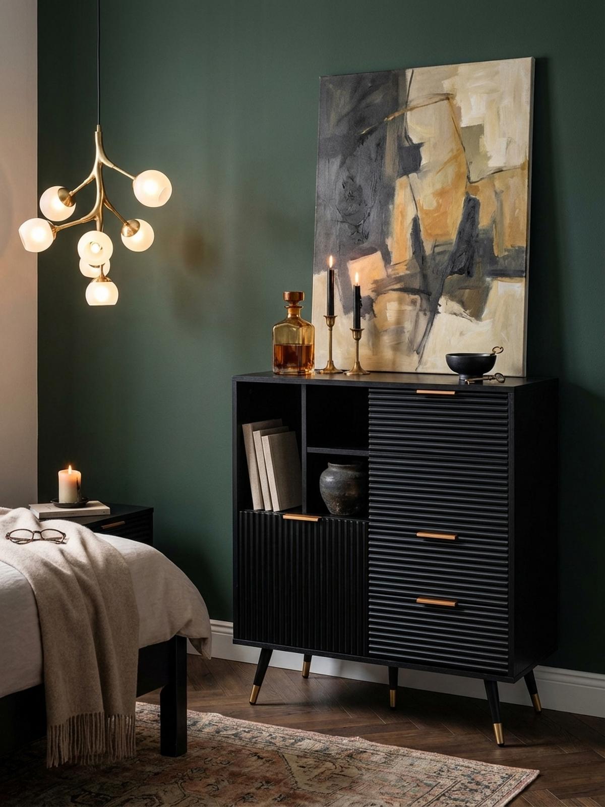 SIDEBOARD – Schwarz/Eiche-Dekor, 77x97x40 cm, mit Türen, Schubladen, Regal, Metallbeine - Goldfarben/Schwarz, Holzwerkstoff/Metall (77/97/40cm) - KADIMA DESIGN