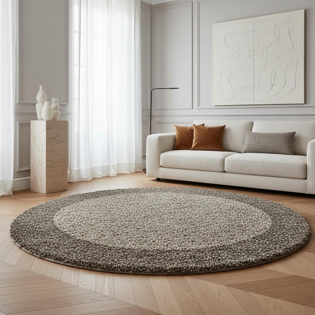 HOCHFLORTEPPICH RHEIN, mit Bordüre, Taupe, Ø 160 cm - Braun, Textil (160/160cm) - KADIMA DESIGN