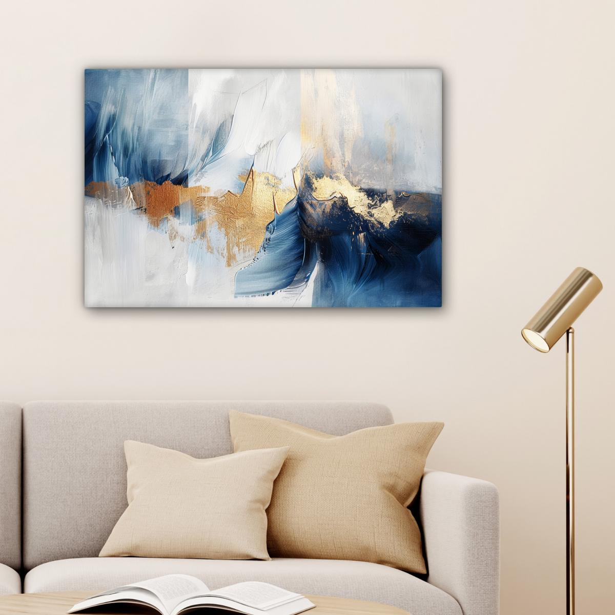 LEINWANDBILD Gold - Blau - Aquarell - Kunst - Modern Gemälde 60x40 cm - Hellblau, Textil (60/40cm) - MuchoWow