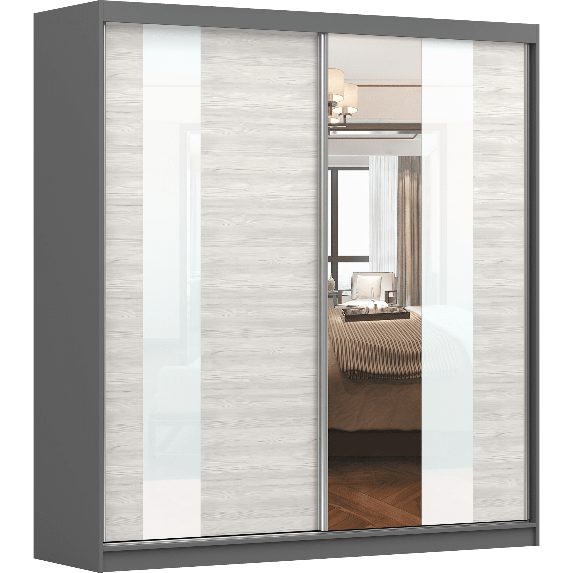 SCHWEBETÜRENSCHRANK MULTI 32 Graphit, Kathult Weiß, ohne LED Beleuchtung 203 cm - Weiß/Grau, Glas/Holz (203/218/61cm) - imoebel24