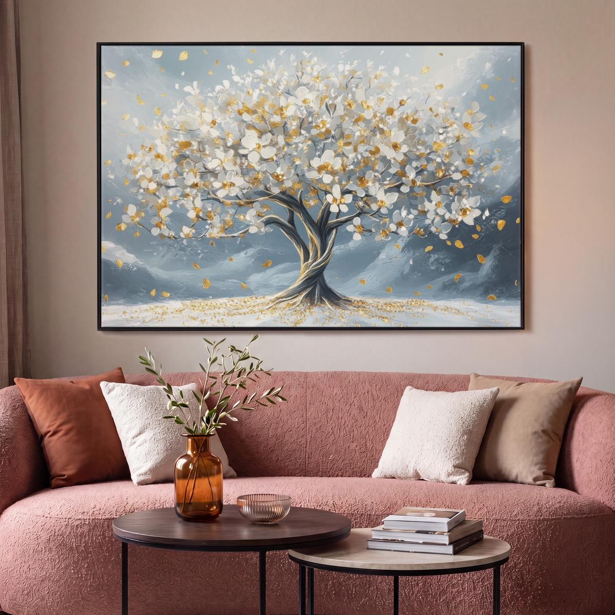 LEINWAND Bilder mit Rahmen - Baum - Winter - Baum des Lebens - Modern - Gold - 120x80 - Goldfarben, Textil (120/80cm) - MuchoWow