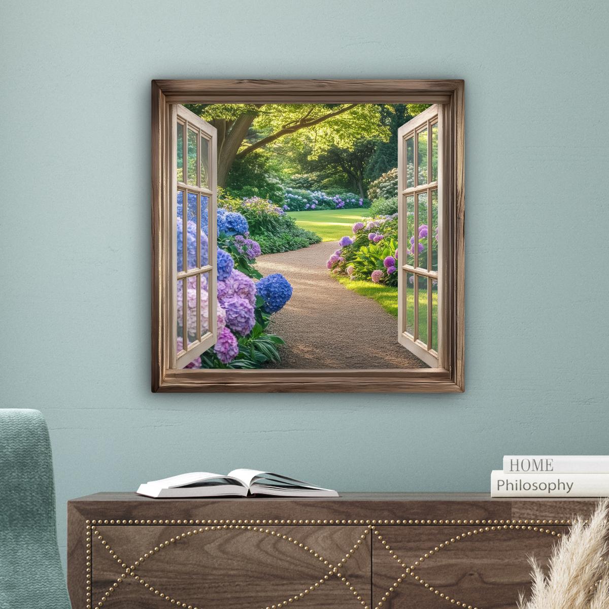 LEINWANDBILD Aussicht - Garten - Fenster - Hortensie - Blumen Wandbild Wohnzimmer 50x50 cm - Pastellblau, Textil (50/50cm) - MuchoWow