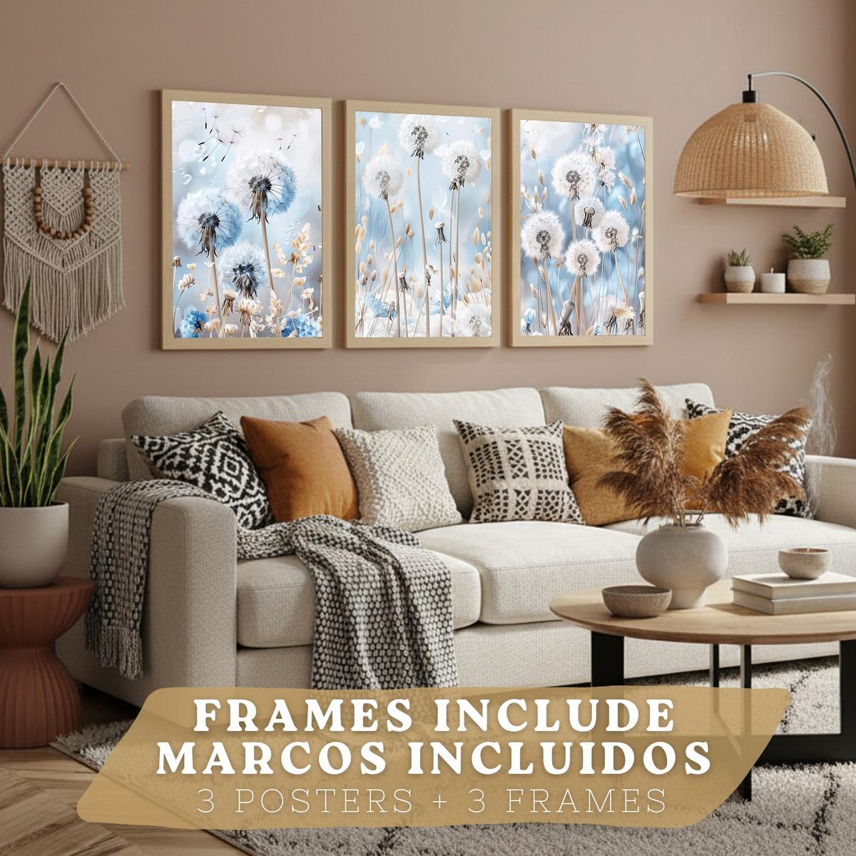 POSTER 3er Kunstdruck-Set Wandbilder Floral Blau modern Wohnzimmer Deko, Schlafzimmer, Küche, Badezimmer Leichter Holzrahmen A3 - Beige, Papier (29.7/1/42cm) - Nacnic