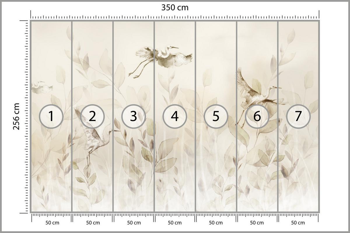 FOTOTAPETE Vögel Blätter Wiese Retro Stil 350x256 - Beige, Papier (350/256cm) - Muralo