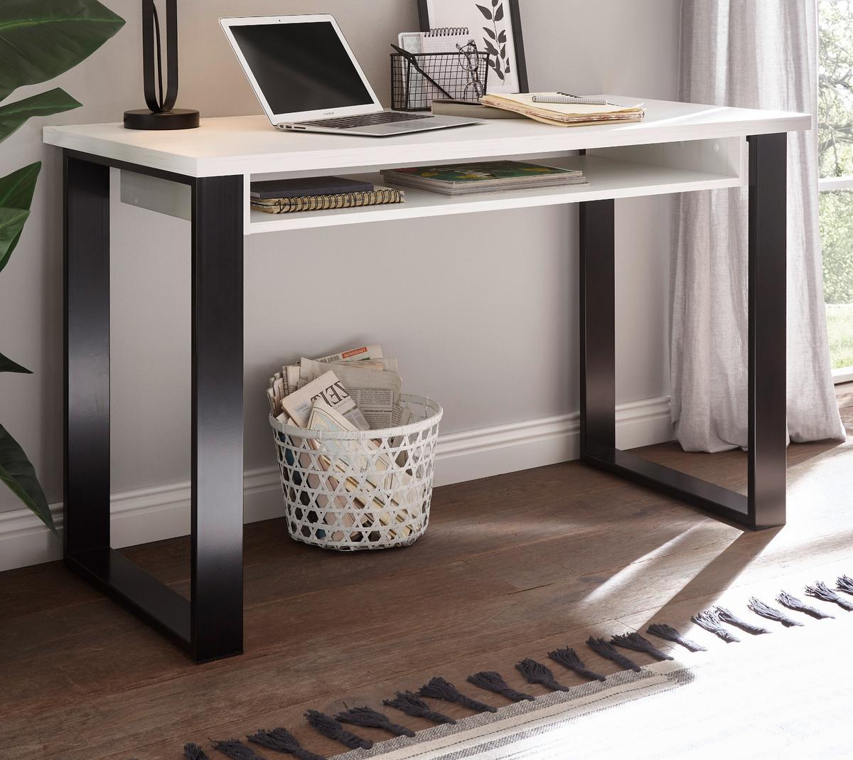 BÜROMÖBEL-SET weiß Pinie, anthrazit Landhaus, Kombination mit Rollcontainer - Anthrazit/Weiß, Holz/Metall (60/165/76cm) - Furn.Design