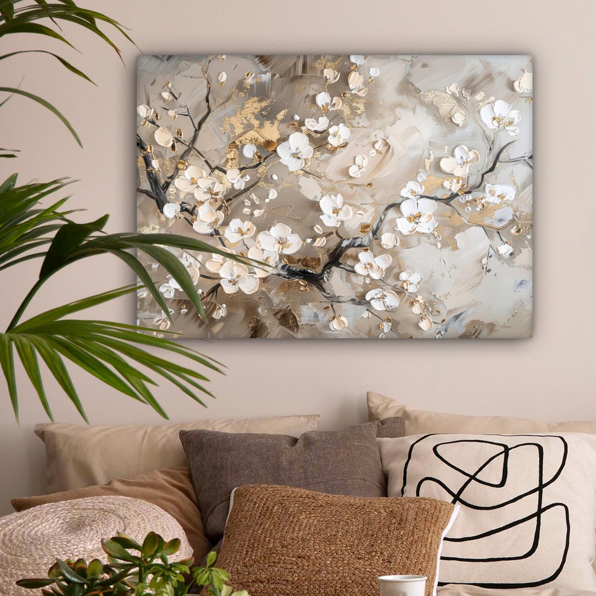 LEINWANDBILD Blumen - Weiß - Gold - Beige - Luxus Wandbilder 80x60 cm - Greige, Textil (80/60cm) - MuchoWow