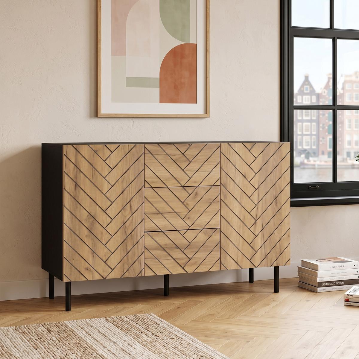 SIDEBOARD 120cm Holzoptik & Schwarz mit 3 Schubladen und 2 Türen - Naturfarben, Holzwerkstoff (120/76/40cm) - Urban Meuble