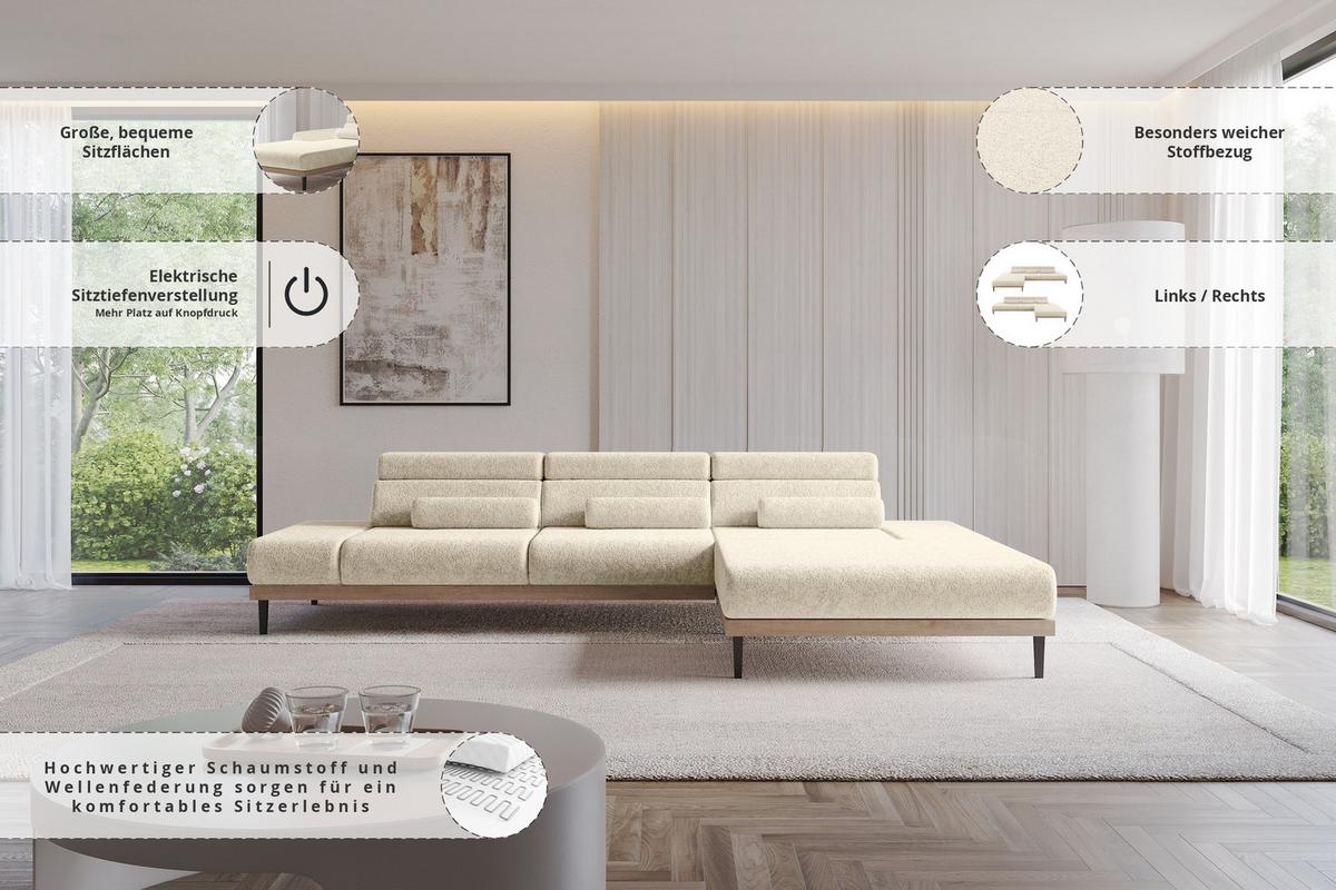 ELEKTRISCHES ECKSOFA Rechts MONA 316x205x85 Creme Velours - Creme, Holzwerkstoff/Textil (316/205cm) - ALTDECOR