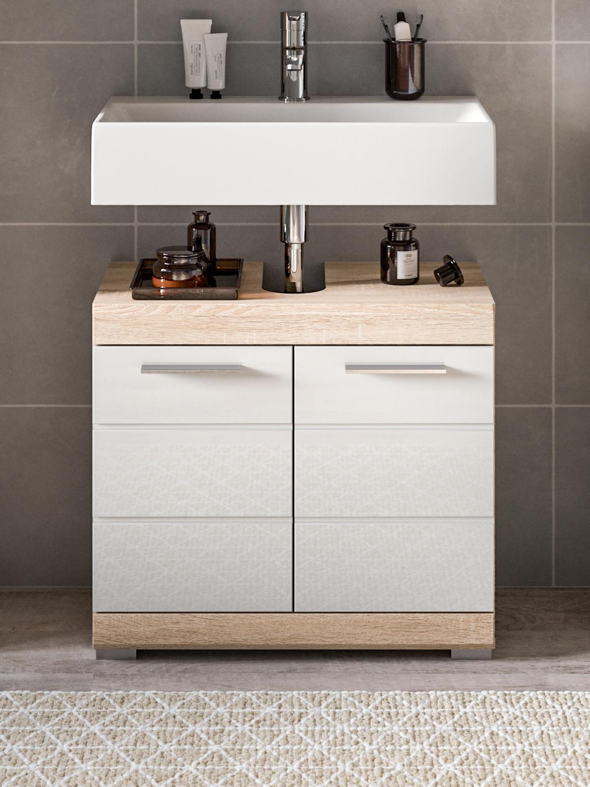 WASCHBECKENUNTERSCHRANK weiß Hochglanz und Sonoma Eiche, Bad Unterschrank 60 cm - Weiß Hochglanz/Eichefarben, Holzwerkstoff/Kunststoff (60/56/34cm) - Inn.Furn