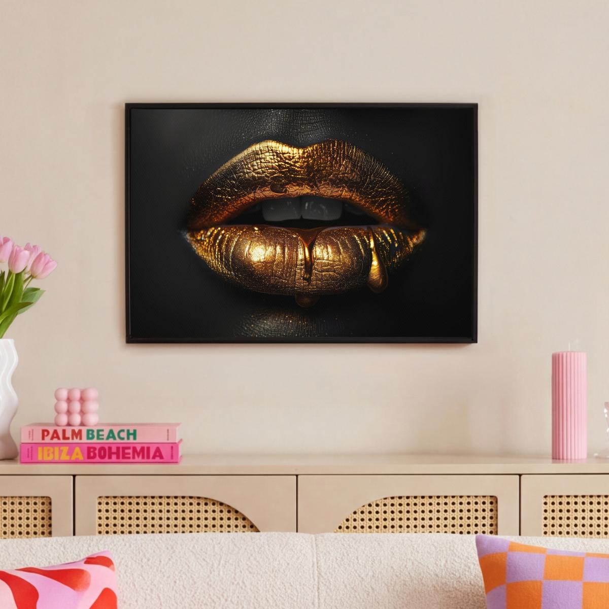 LEINWAND Bilder mit Rahmen - Frau - Porträt - Lippen - Gold - Schwarz - 60x40 - Schwarz, Textil (60/40cm) - MuchoWow