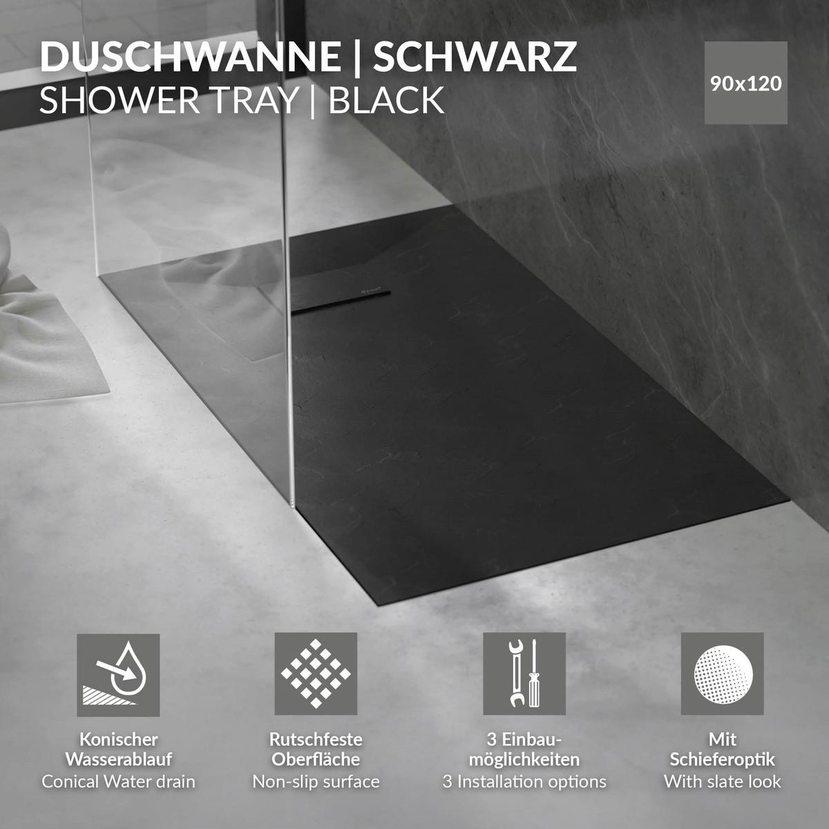 DUSCHWANNE 120x90 cm Schwarz mit Ablaufgarnitur aus SMC - Schwarz, Kunststoff (90/3/120cm) - LuxeBath