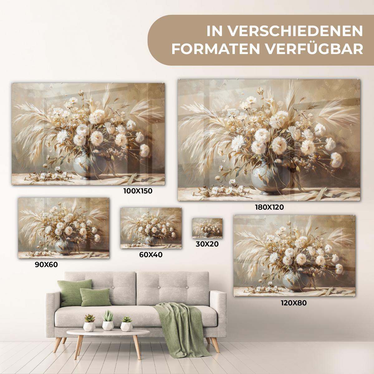 ACRYLGLASBILD Blumen - Vase - Stilleben - Beige Wandbild Schlafzimmer 120x80 cm - Creme, Glas (120/80cm) - MuchoWow