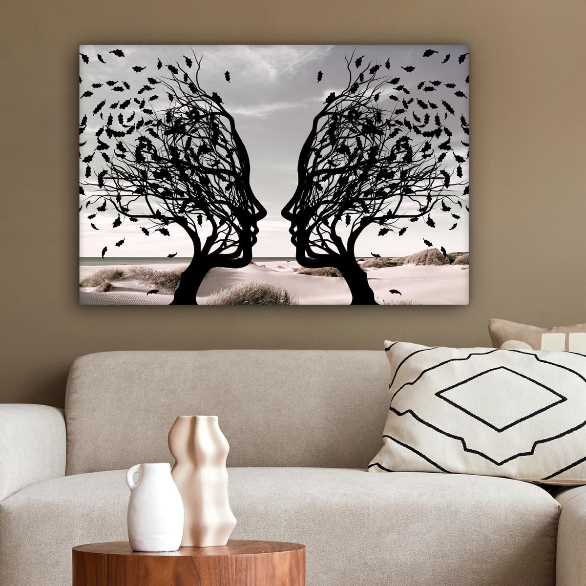 LEINWANDBILD Strand - Meer - Menschen - Baum - Moderne Kunst Gemälde 60x40 cm - Hellgrau, Textil (60/40cm) - MuchoWow