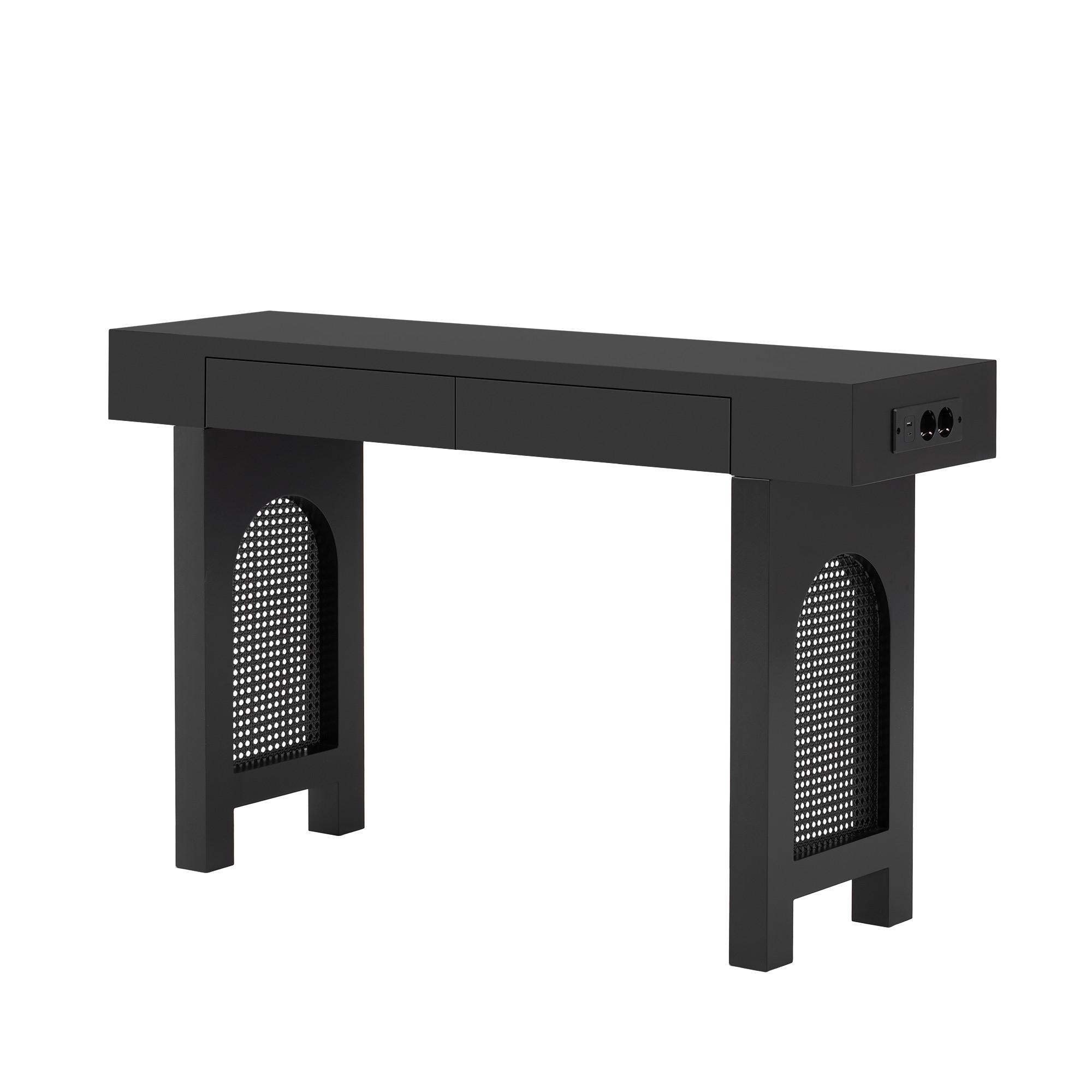 KONSOLENTISCH mit gitterdesign, 2 schubladen & integrierter steckdose - Schwarz, Holzwerkstoff (35.5/120/76.5cm) - Urban Meuble