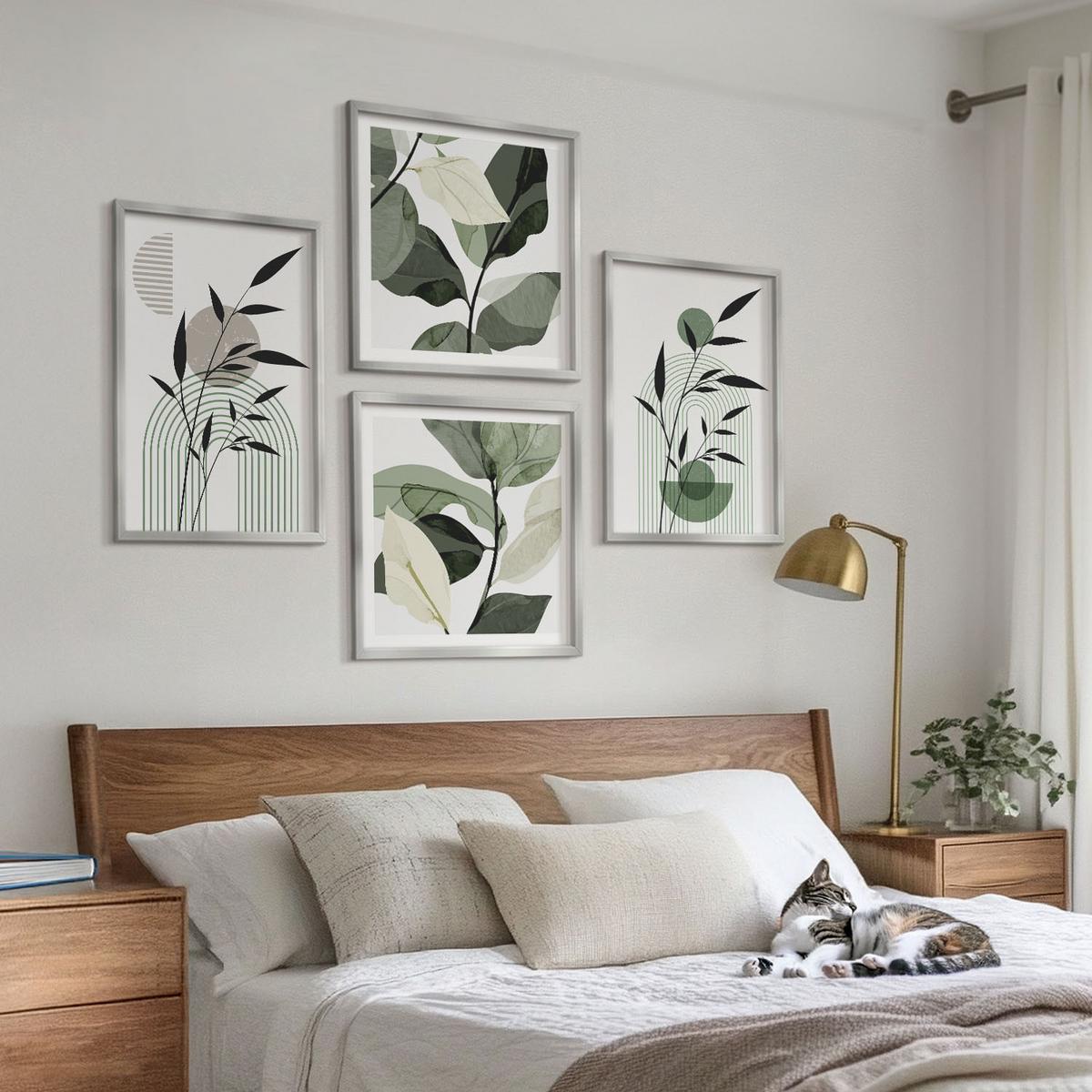 BILDER SET 4er Set - 50x50 cm & 40x60 cm Silberner Rahmen - Boho-Pflanzenkompositionen - Silberfarben, Kunststoff (50/50cm) - TULUP
