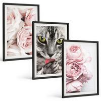 BILDER SET 3er Set - 40x60 cm Schwarzer Rahmen - Katze in rosa Blumen - Schwarz, Kunststoff (40/60cm) - TULUP