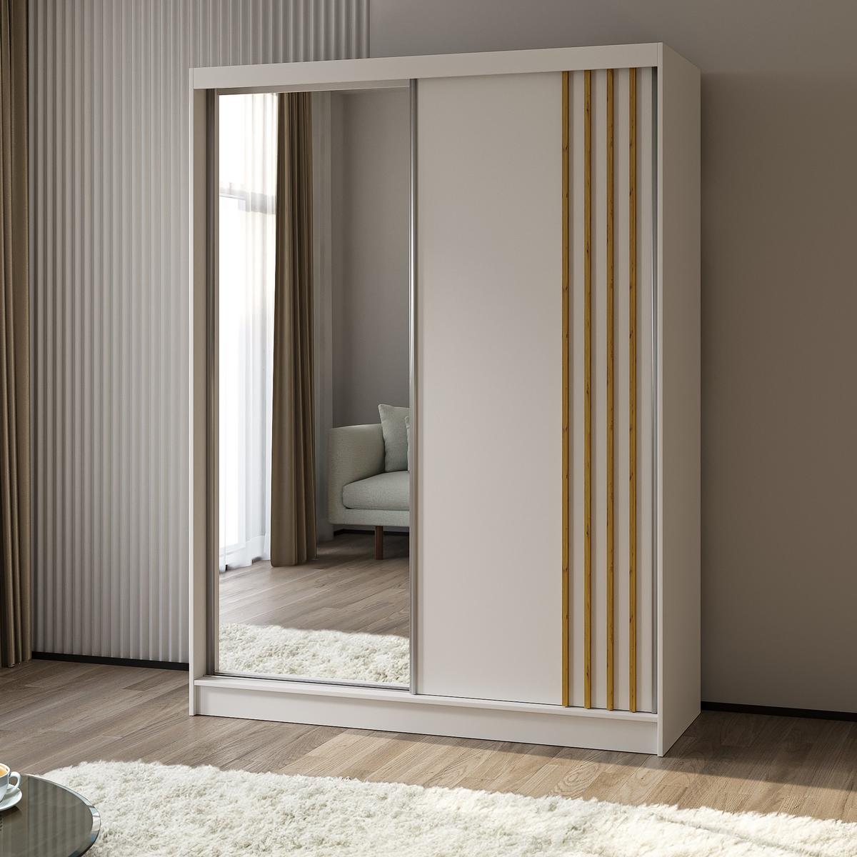 SCHWEBETÜRENSCHRANK NELVIA 160/216/61 cm 2-türig mit Spiegel Weiß - Weiß, Holzwerkstoff (160/216/61cm) - MASSENO