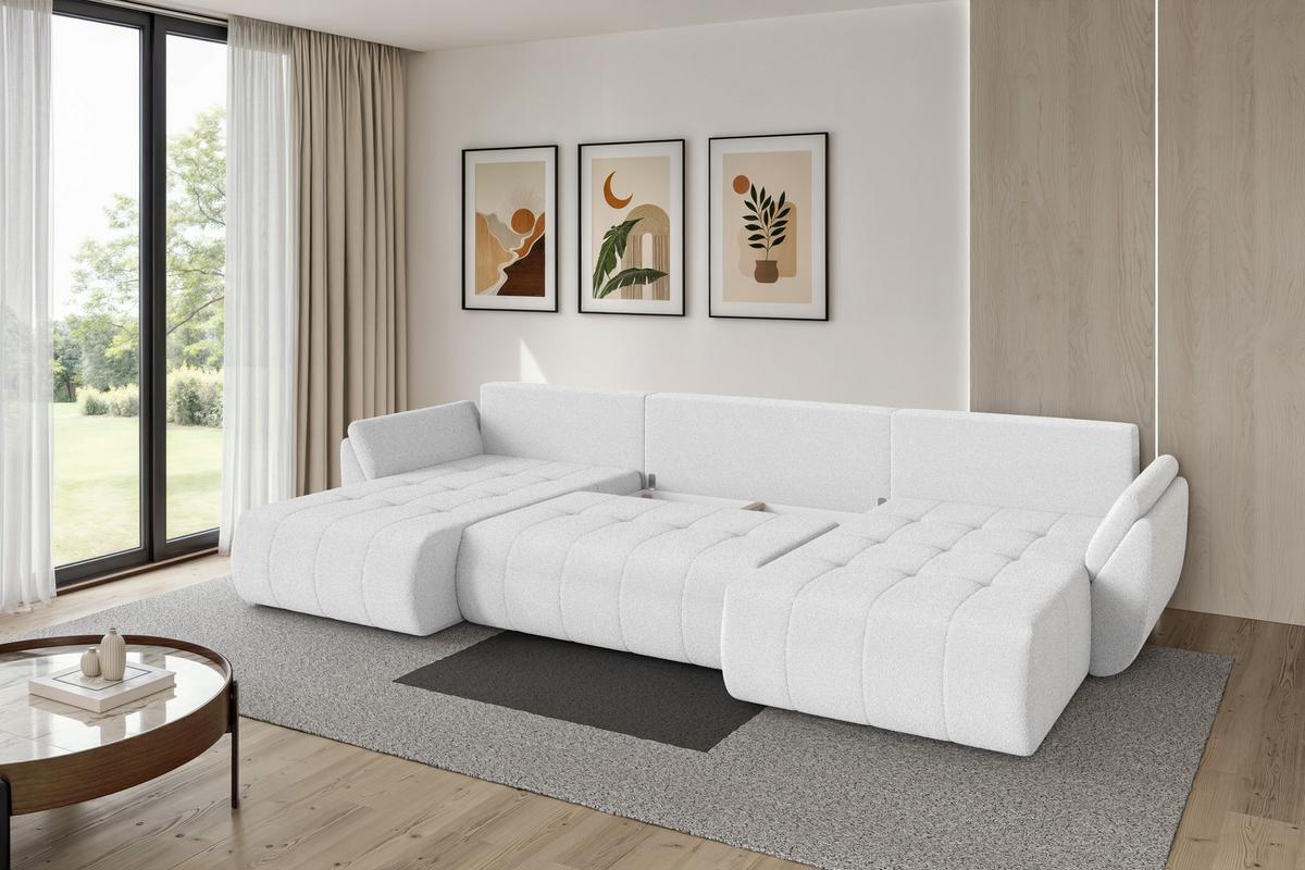 WOHNLANDSCHAFT mit Schlaffunktion und Bettkasten TOKO-U 378x194x86 Weiß Bouclé - Schwarz/Weiß, Holzwerkstoff/Kunststoff (378/86/194cm) - ALTDECOR