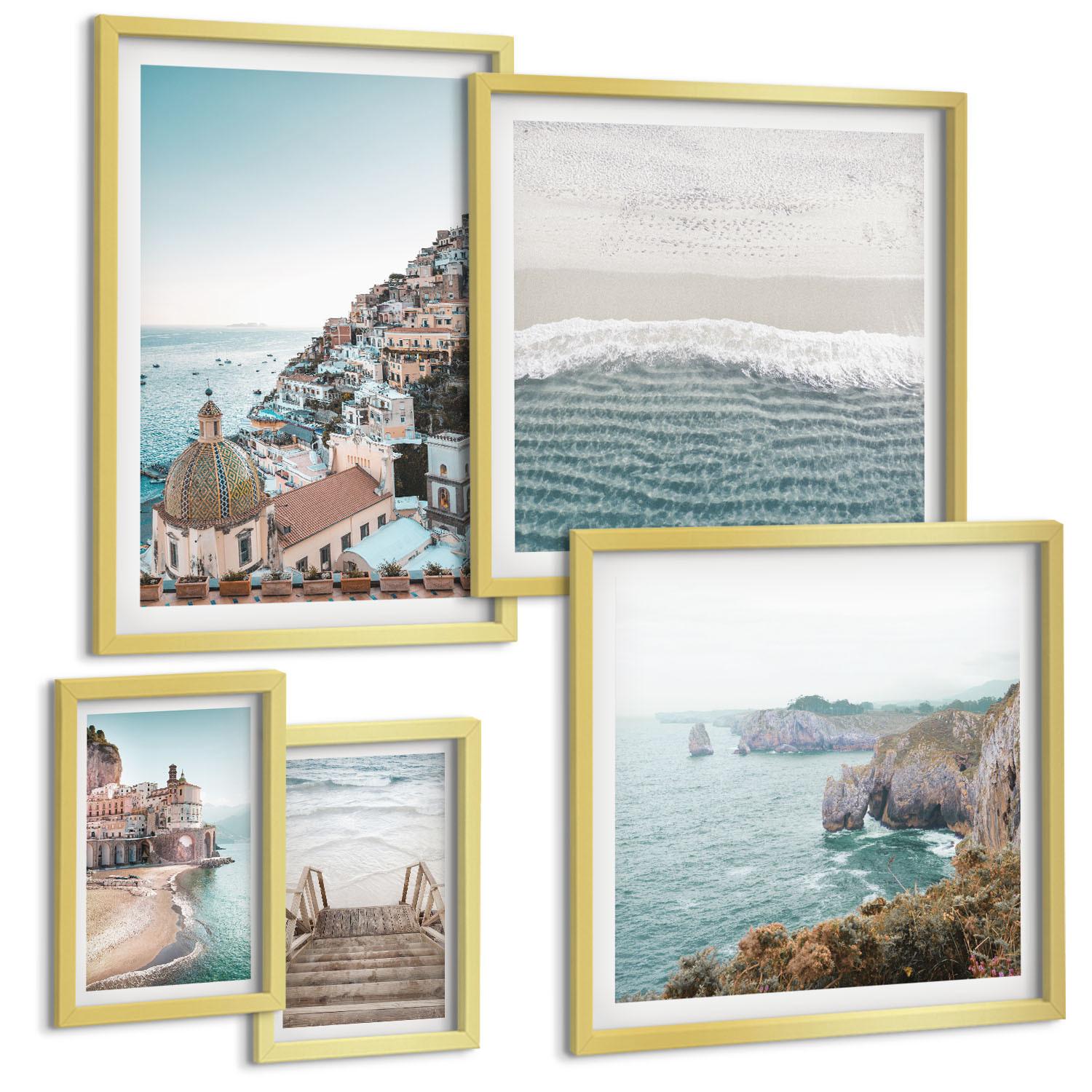 BILDER SET 5er Set - 50x50 cm & 20x30 cm & 40x60 cm Goldrahmen - Wasserfälle, Berge, Brücken, Bäume - Goldfarben, Kunststoff (40/60cm) - TULUP