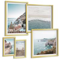 BILDER SET 5er Set - 50x50 cm & 20x30 cm & 40x60 cm Goldrahmen - Wasserfälle, Berge, Brücken, Bäume - Goldfarben, Kunststoff (40/60cm) - TULUP