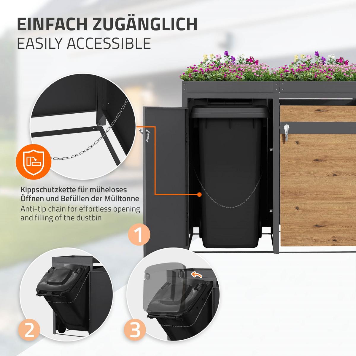 MÜLLTONNENBOX 4er mit Pflanzdach Anthrazit-Holzoptik - Braun, Metall (264/124/80cm) - ML-DESIGN