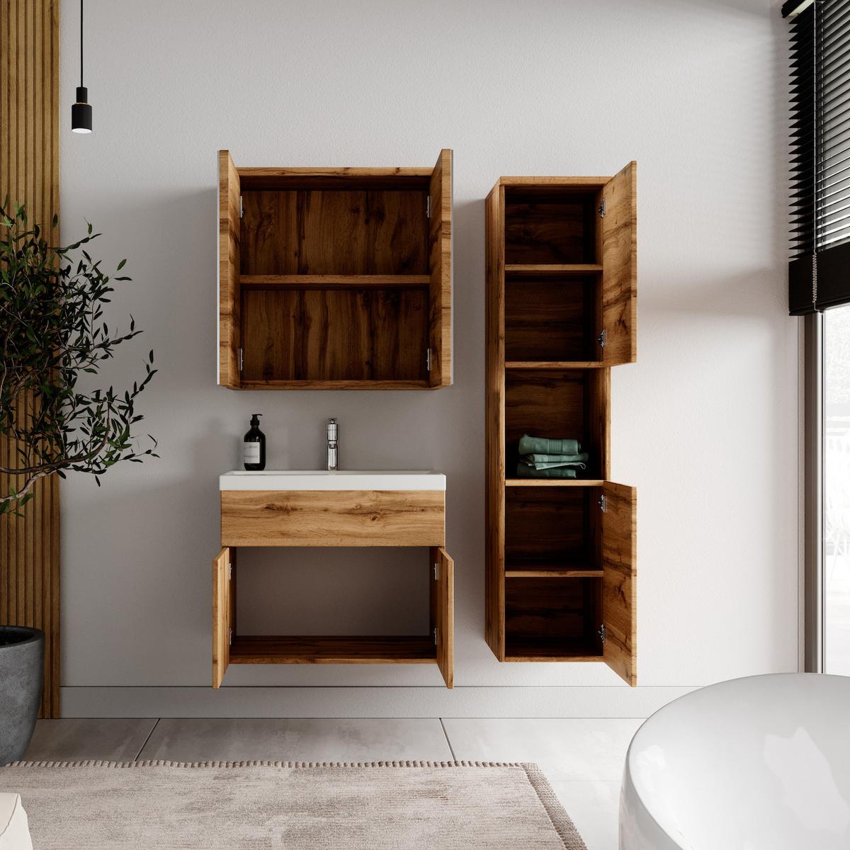 BADMÖBEL-SET Montreal 4 Teile Spiegelschrank Eiche - 60 x 35 x 51 cm - Chromfarben/Eiche Wotan, Holz/Metall (60/51/35cm) - Badplaats